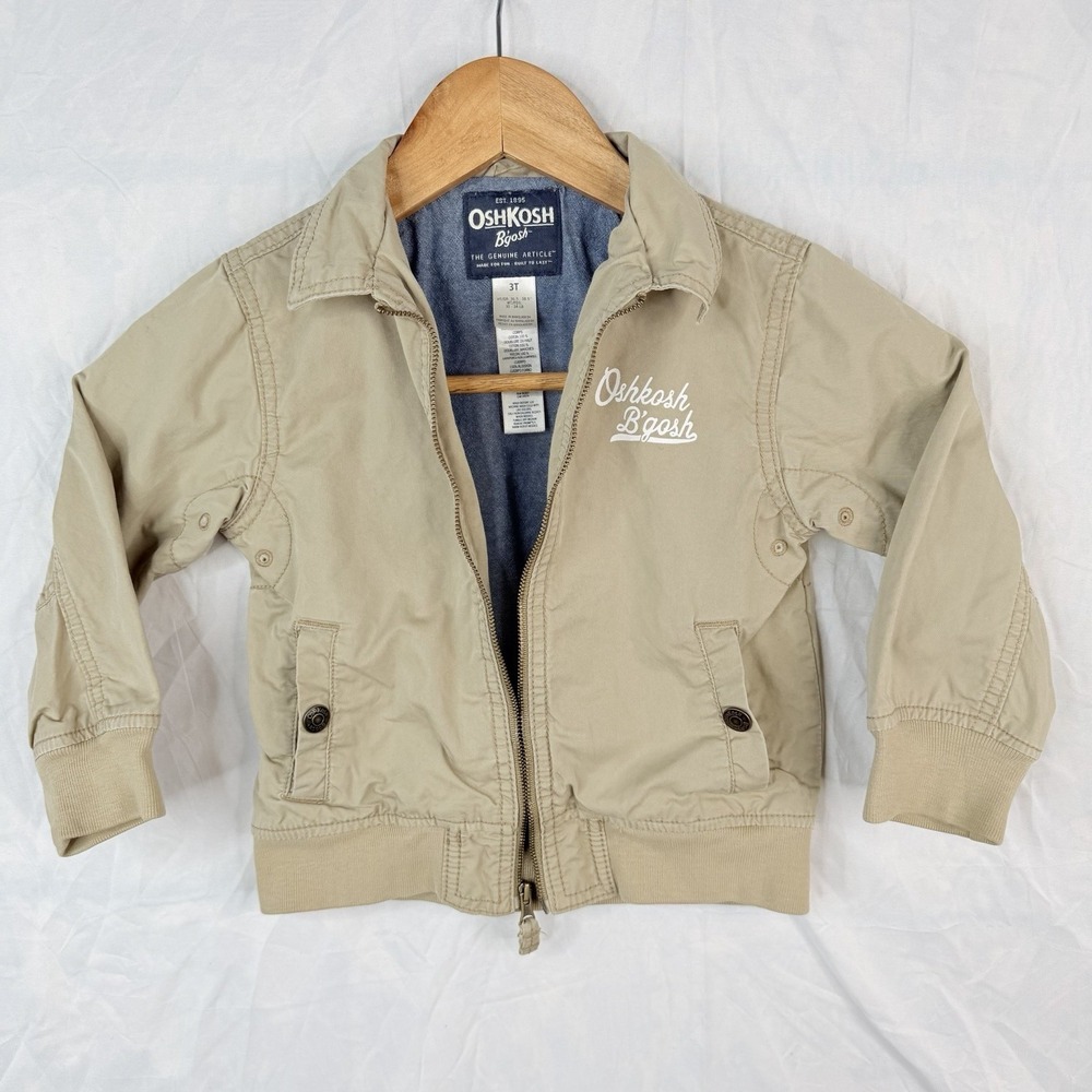 VTG OSHKOSH BGOSH Kids Bomber Jacket Khaki 100% COTTON Lining 100% NYLON SZ-3T - Picture 2 of 16